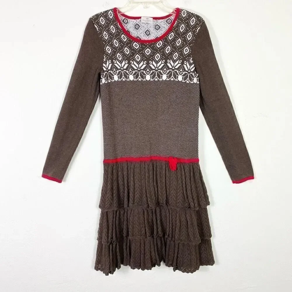 Hanna Andersson Big Girl Brown Layer Fairisle Long Sleeve Holiday Dress Size 14